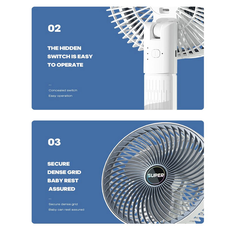 Ventilador de mano con pinza. Silencioso, 360 grados.