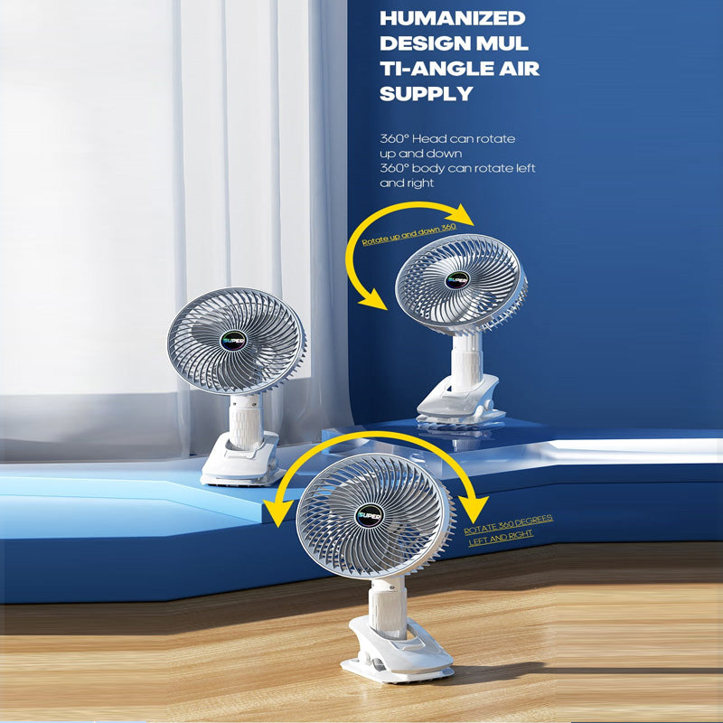Ventilador de mano con pinza. Silencioso, 360 grados.
