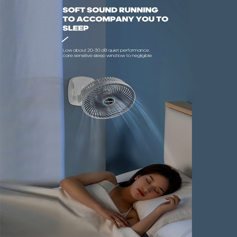 Ventilador de mano con pinza. Silencioso, 360 grados.