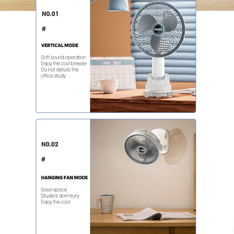 Ventilador de mano con pinza. Silencioso, 360 grados.