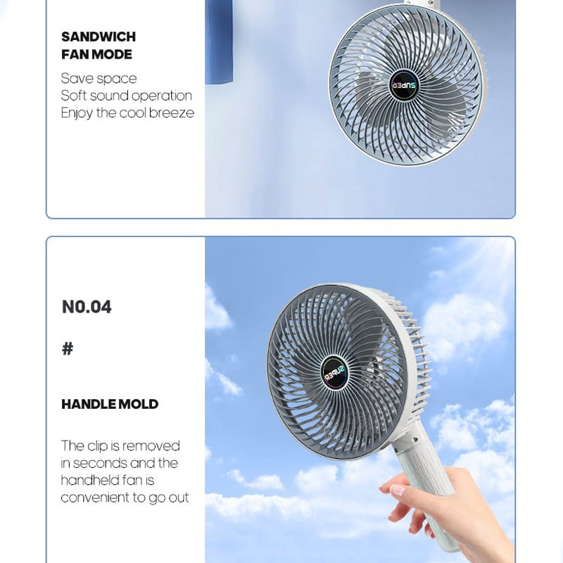 Ventilador de mano con pinza. Silencioso, 360 grados.