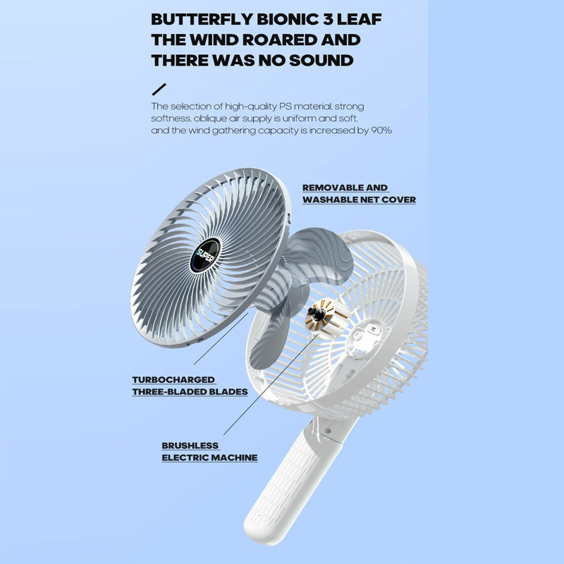 Ventilador de mano con pinza. Silencioso, 360 grados.