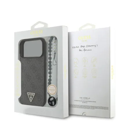 Funda Guess para iPhone 17 Pro – Colección 4G Triangle Logo con Correa de Perlas – Negro MagSafe