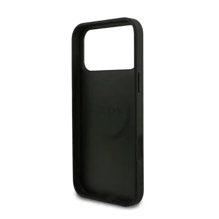 Funda Guess para iPhone 17 Pro – Colección 4G Triangle Logo con Correa de Perlas – Negro MagSafe