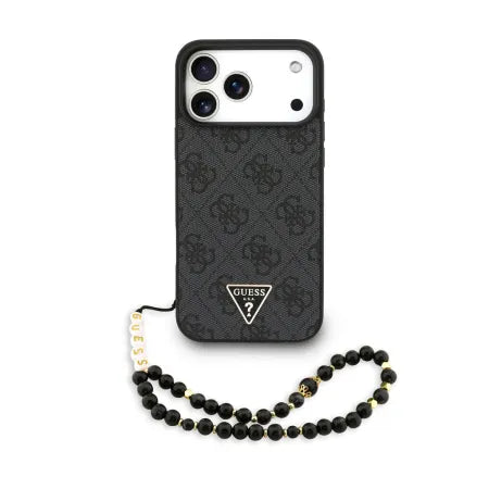 Funda Guess para iPhone 17 Pro – Colección 4G Triangle Logo con Correa de Perlas – Negro MagSafe
