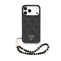 Funda Guess para iPhone 17 Pro – Colección 4G Triangle Logo con Correa de Perlas – Negro MagSafe