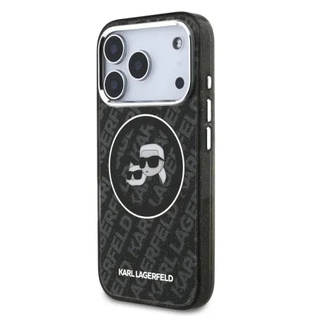 Funda Karl Lagerfeld para iPhone 17 Pro - MagSafe - Black Glitter - K&C Heads Logo