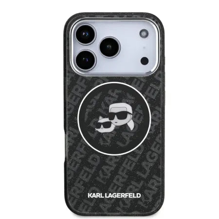 Funda Karl Lagerfeld para iPhone 17 Pro - MagSafe - Black Glitter - K&C Heads Logo