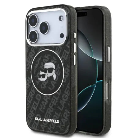Funda Karl Lagerfeld para iPhone 17 Pro - MagSafe - Black Glitter - K&C Heads Logo