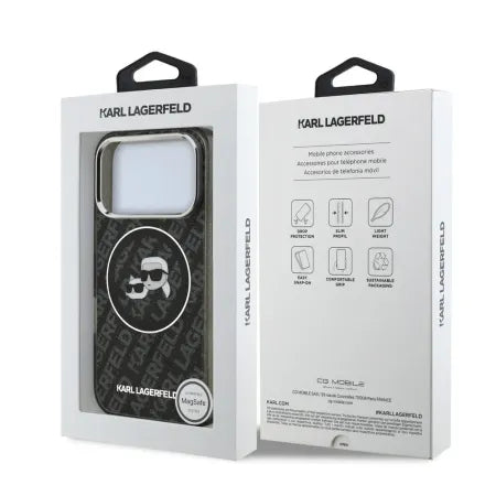 Funda Karl Lagerfeld para iPhone 17 Pro - MagSafe - Black Glitter - K&C Heads Logo