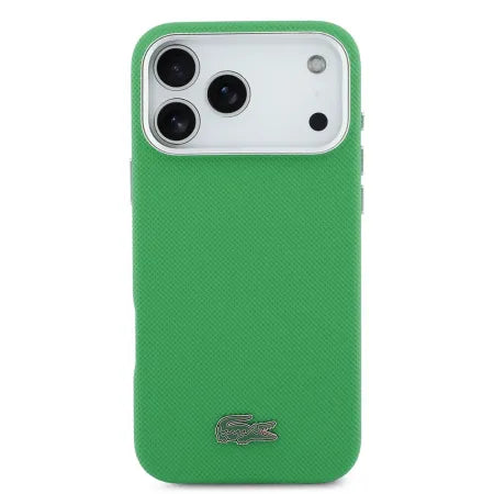 Funda Lacoste Premium para iPhone 17 Pro Max – Estragon Green con Bordes Metálicos y MagSafe
