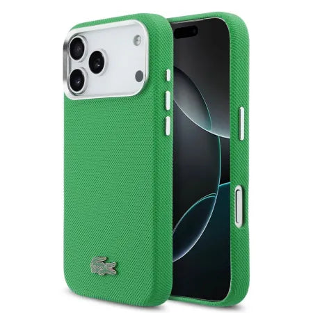 Funda Lacoste Premium para iPhone 17 Pro Max – Estragon Green con Bordes Metálicos y MagSafe