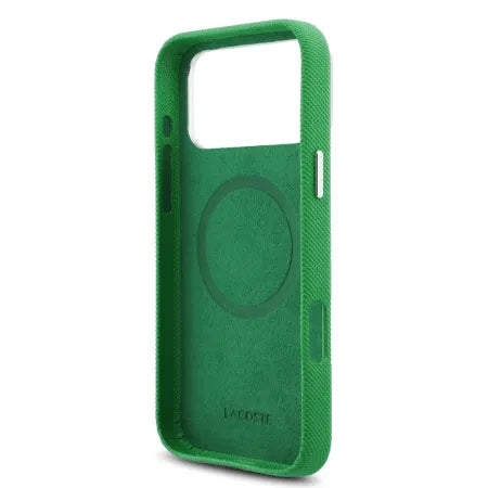 Funda Lacoste Premium para iPhone 17 Pro Max – Estragon Green con Bordes Metálicos y MagSafe