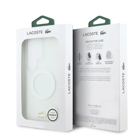 Funda Lacoste Premium para Samsung Galaxy S26 Ultra – Transparente Mate con Borde Dorado y MagSafe