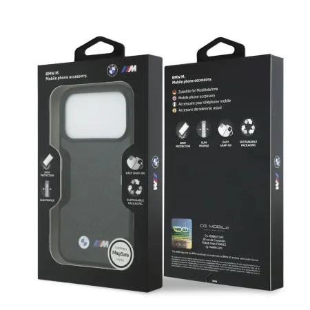 Funda Premium BMW para iPhone 17 Pro Max con MagSafe de Kevlar y Logotipos Metálicos – Negro