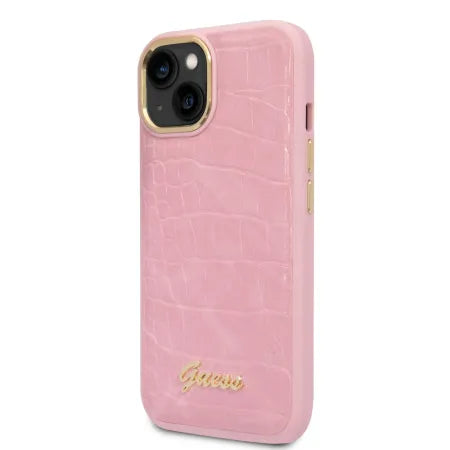 Funda Rígida Guess para iPhone 14 / 13 – Colección Croco con Botones Metálicos – Rosa