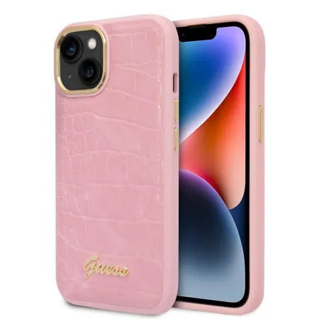 Funda Rígida Guess para iPhone 14 / 13 – Colección Croco con Botones Metálicos – Rosa