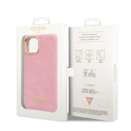Funda Rígida Guess para iPhone 14 / 13 – Colección Croco con Botones Metálicos – Rosa