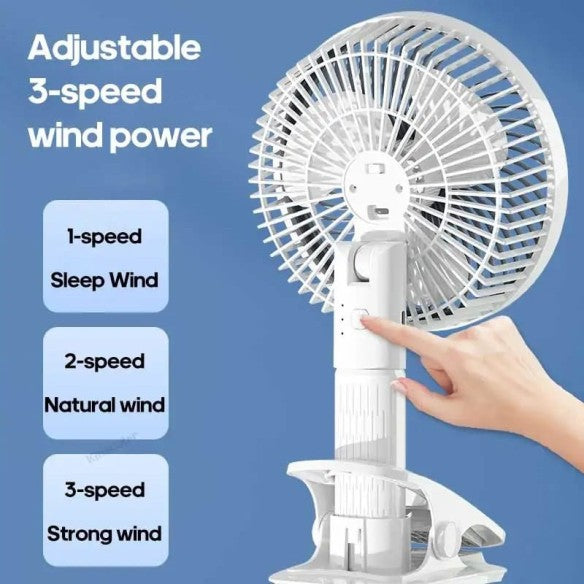Ventilador de mano con pinza. Silencioso, 360 grados.
