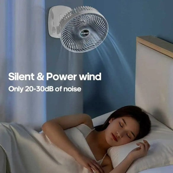 Ventilador de mano con pinza. Silencioso, 360 grados.