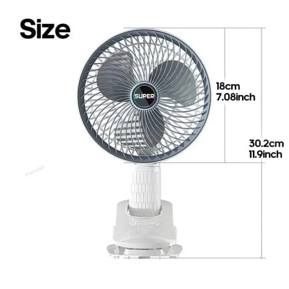 Ventilador de mano con pinza. Silencioso, 360 grados.