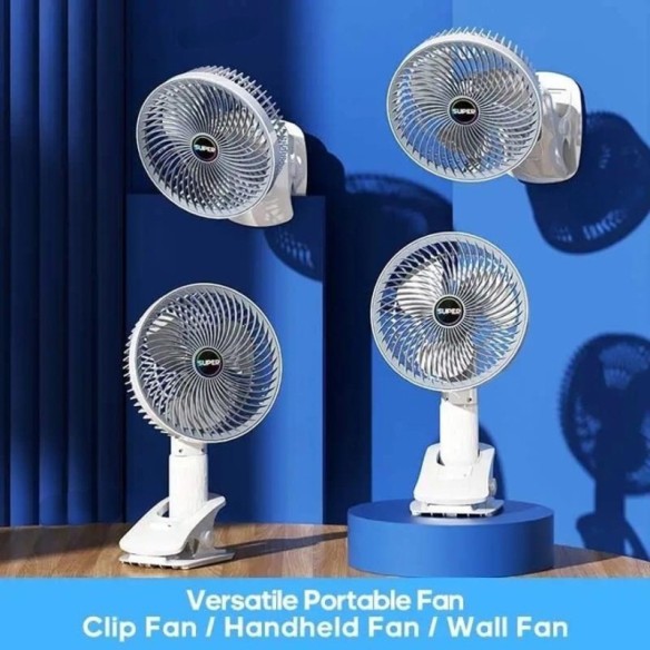 Ventilador de mano con pinza. Silencioso, 360 grados.